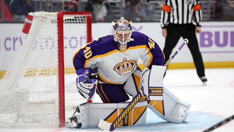 Los Angeles Kings goaltender Cal Petersen protects the goal