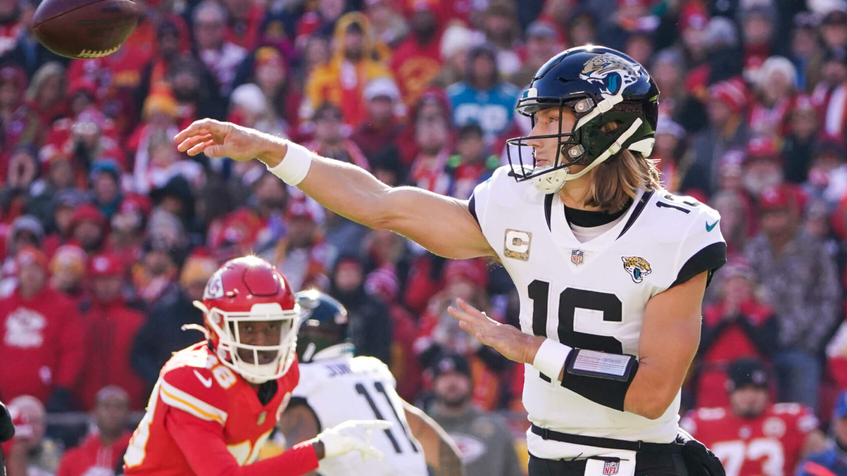 Trevor Lawrence fires a pass against the Chiefs