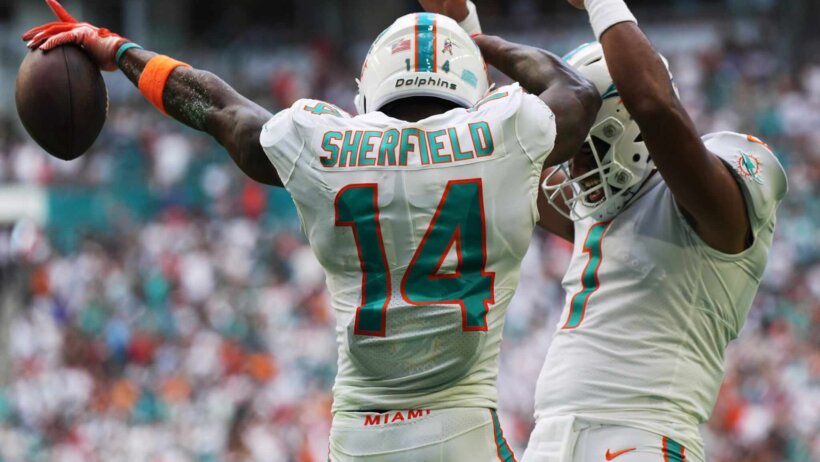 Tua Tagovailoa and Trent Sheffield TD celebration