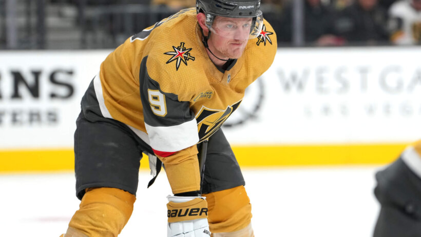 Vegas Golden Knights center Jack Eichel prepares for a faceoff