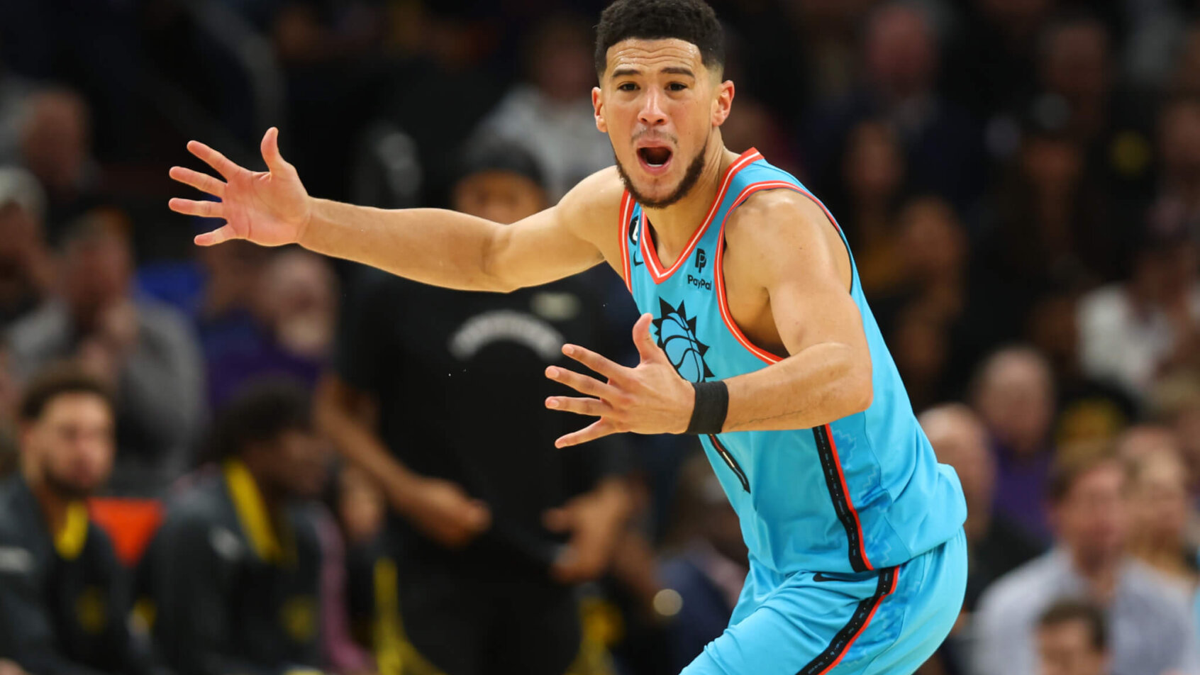 Devin Booker reacts vs the Warriors