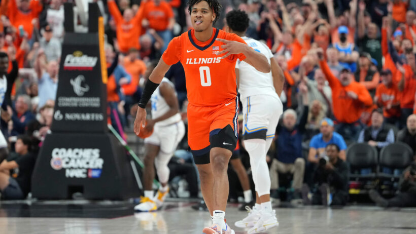 Illinois Fighting Illini guard Terrence Shannon Jr celebrating