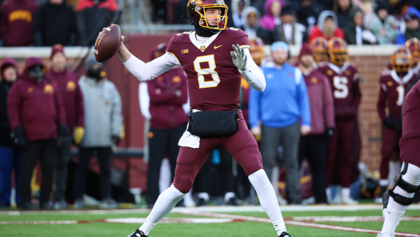 Minnesota Golden Gophers quarterback Athan Kaliakmanis throws the ball