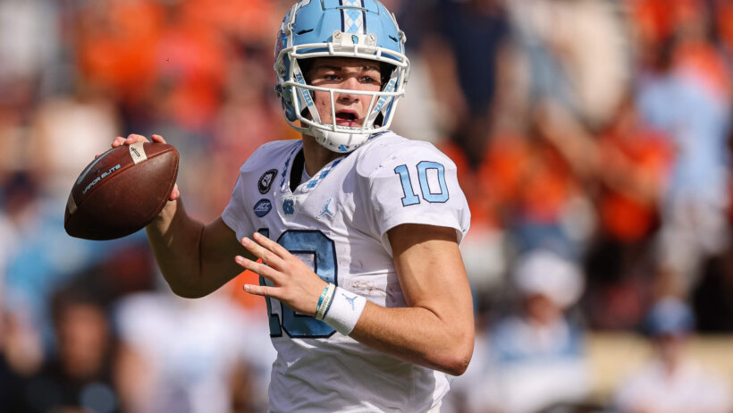Drake Maye drops back to pass