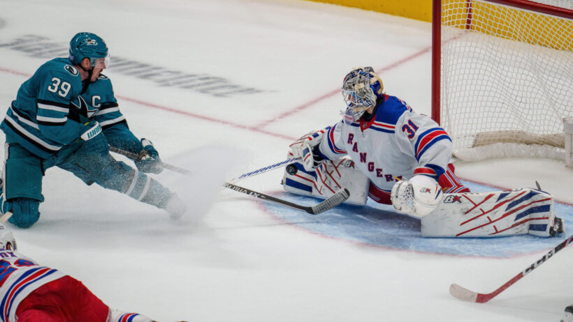 New York Rangers goaltender Igor Shesterkin makes a save