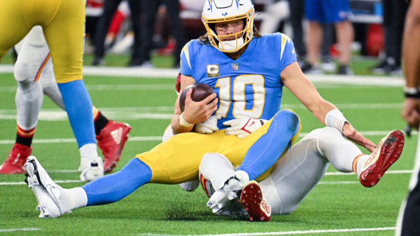 Los Angeles Chargers quarterback Justin Herbert is sacked