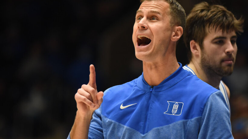 Duke Blue Devils head coach Jon Scheyer gesturing