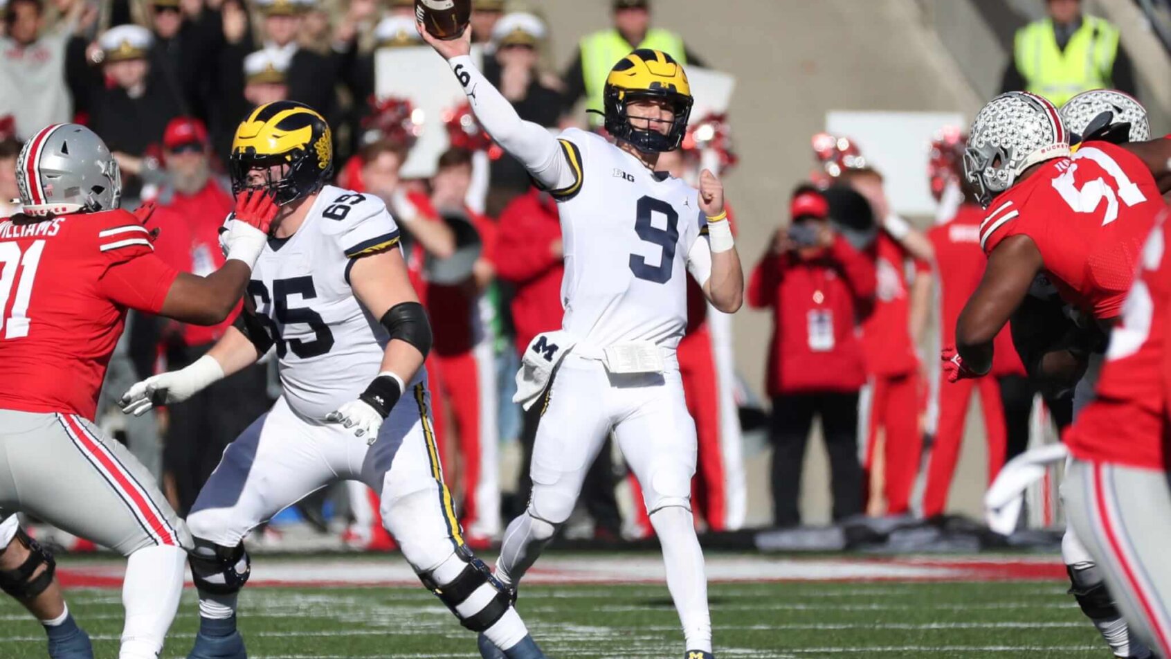 Michigan quarterback JJ McCarthy passes against Ohio State