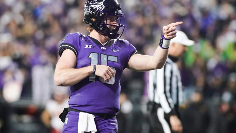 TCU QB Max Duggan celebrates.