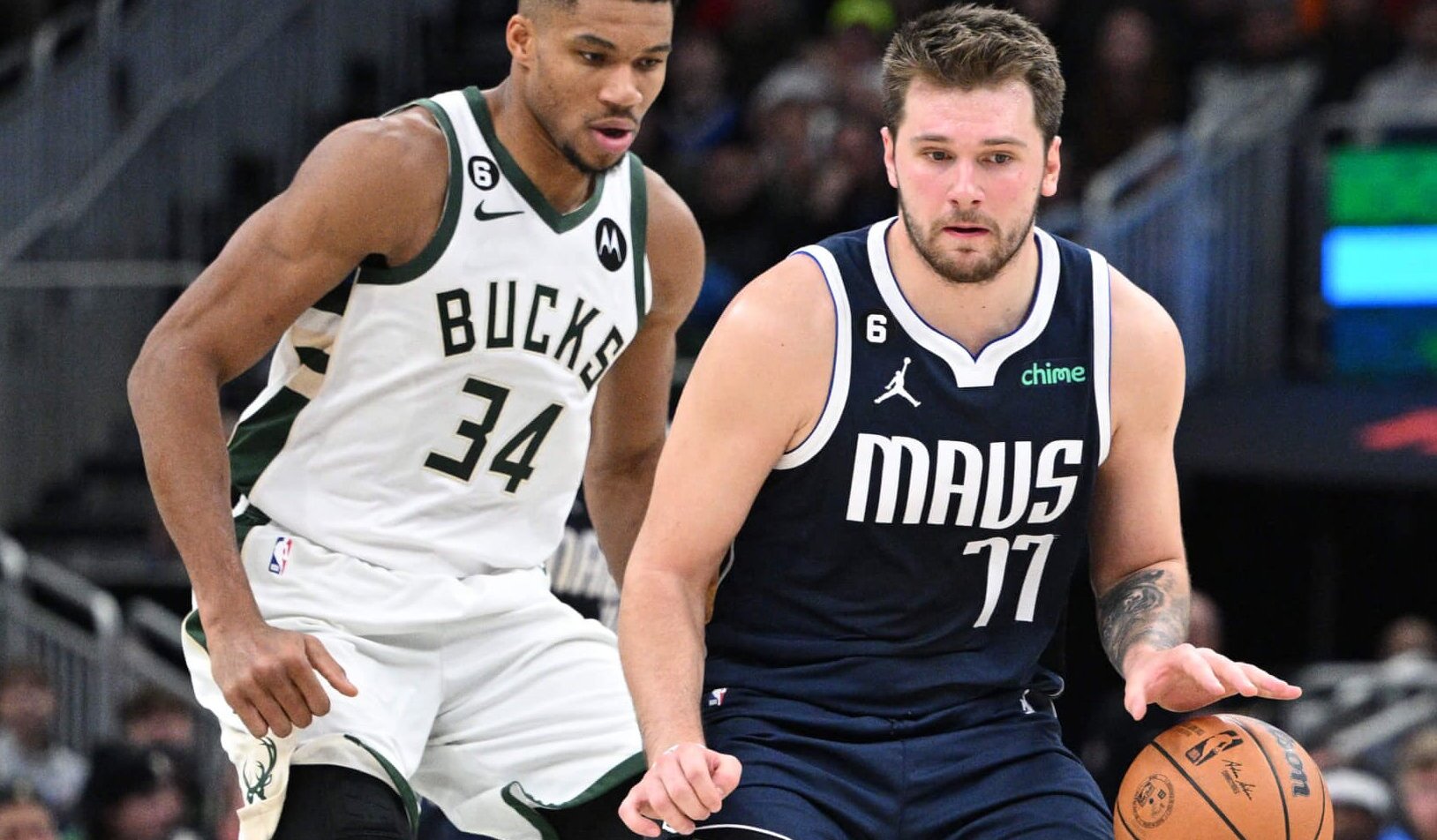 Luka Doncic defended by Giannis Antetokounmpo