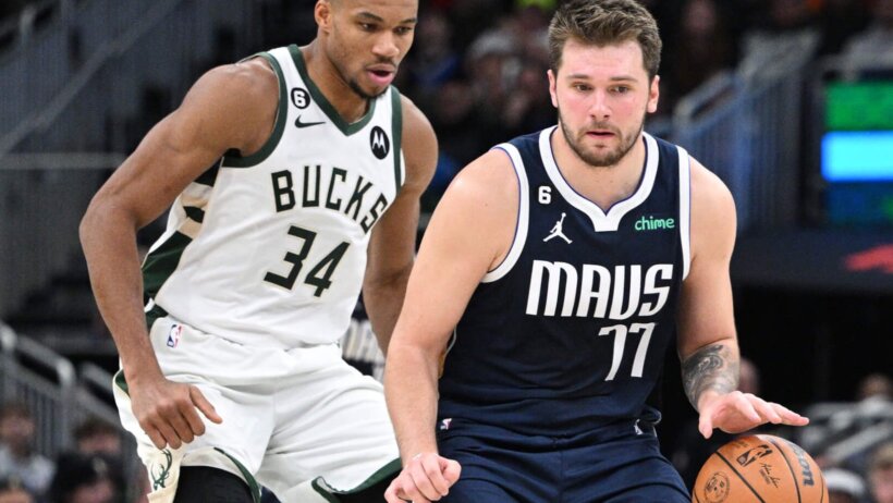 Luka Doncic defended by Giannis Antetokounmpo