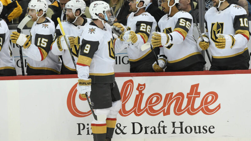 Vegas Golden Knights center Jack Eichel is greeted by his team