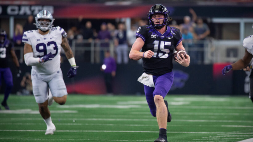 TCU Horned Frogs quarterback Max Duggan runs down the sidelines