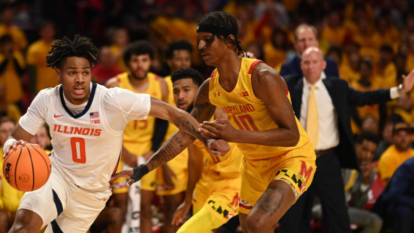 Illinois Fighting Illini guard Terrence Shannon Jr driving to the hoop