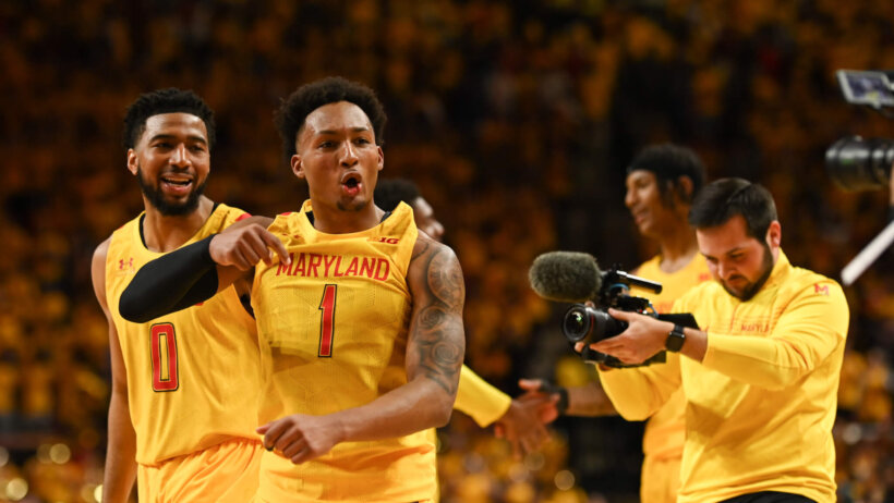 Maryland Terrapins guard Jahmir Young celebrating
