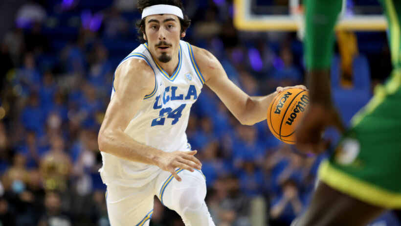 UCLA Bruins guard Jaime Jaquez dribbling up the court