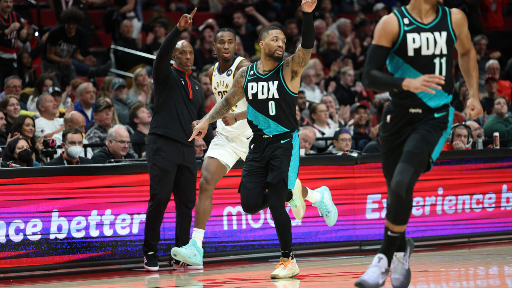 Damian Lillard celebrates a bucket