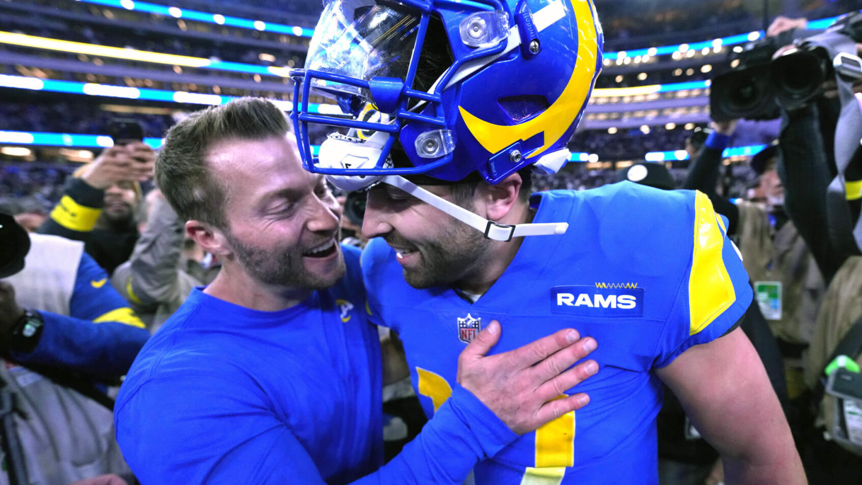 Los Angeles Rams coach Sean McVay (left) and quarterback Baker Mayfield