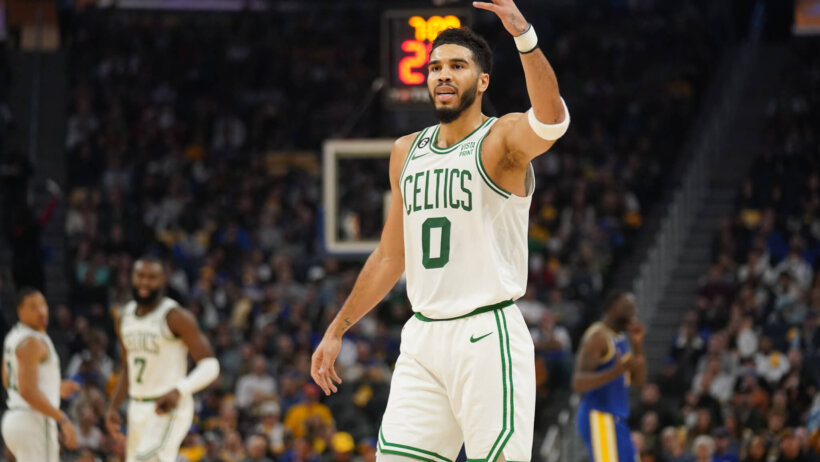 Jayson Tatum hand up talking to referee