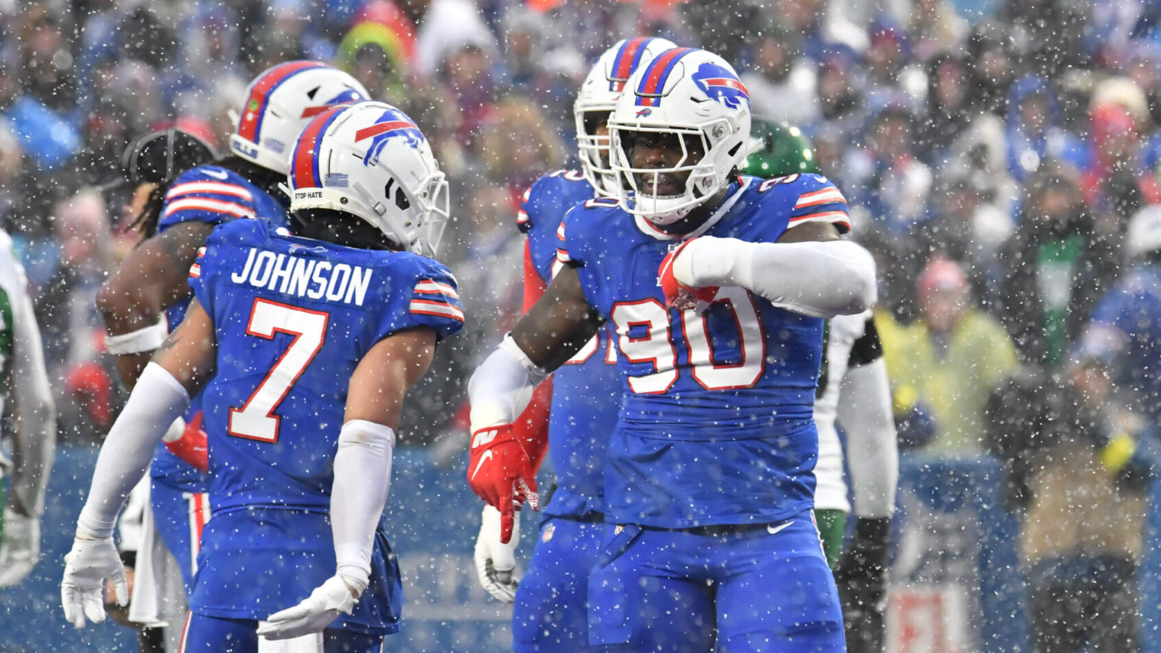 Bills players celebrating on field