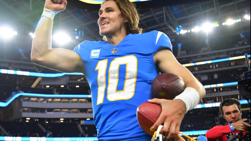 Los Angeles Chargers quarterback Justin Herbert celebrates