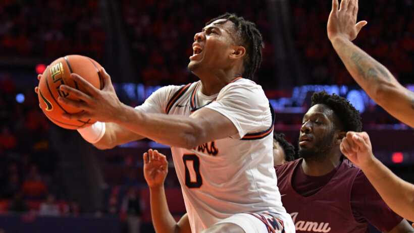 Illinois Fighting Illini guard Terrence Shannon Jr driving to the basket