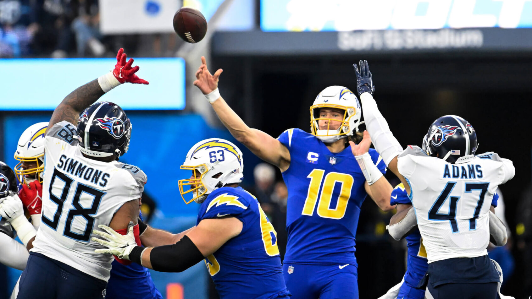 Los Angeles Chargers quarterback Justin Herbert throwing a pass