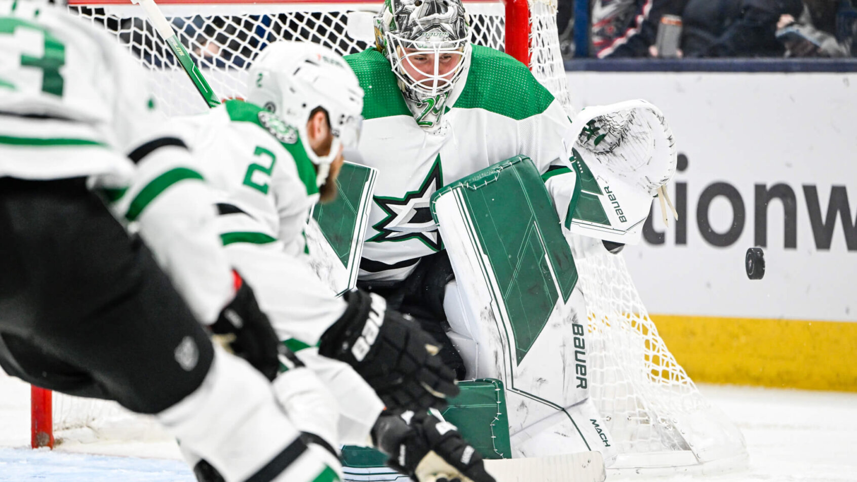 Dallas Stars goaltender Jake Oettinger makes a save