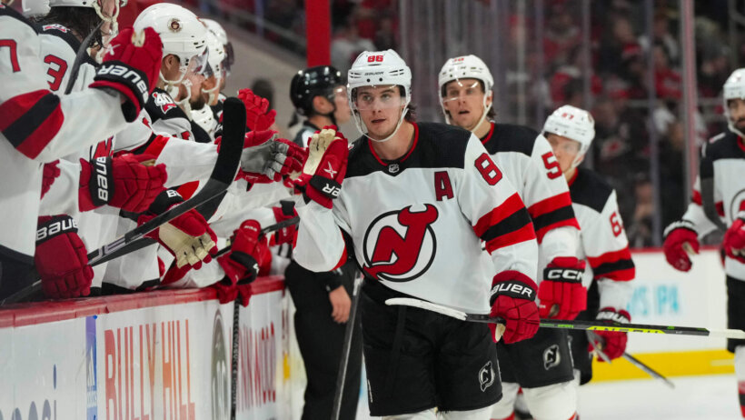 New Jersey Devils players celebrating goal