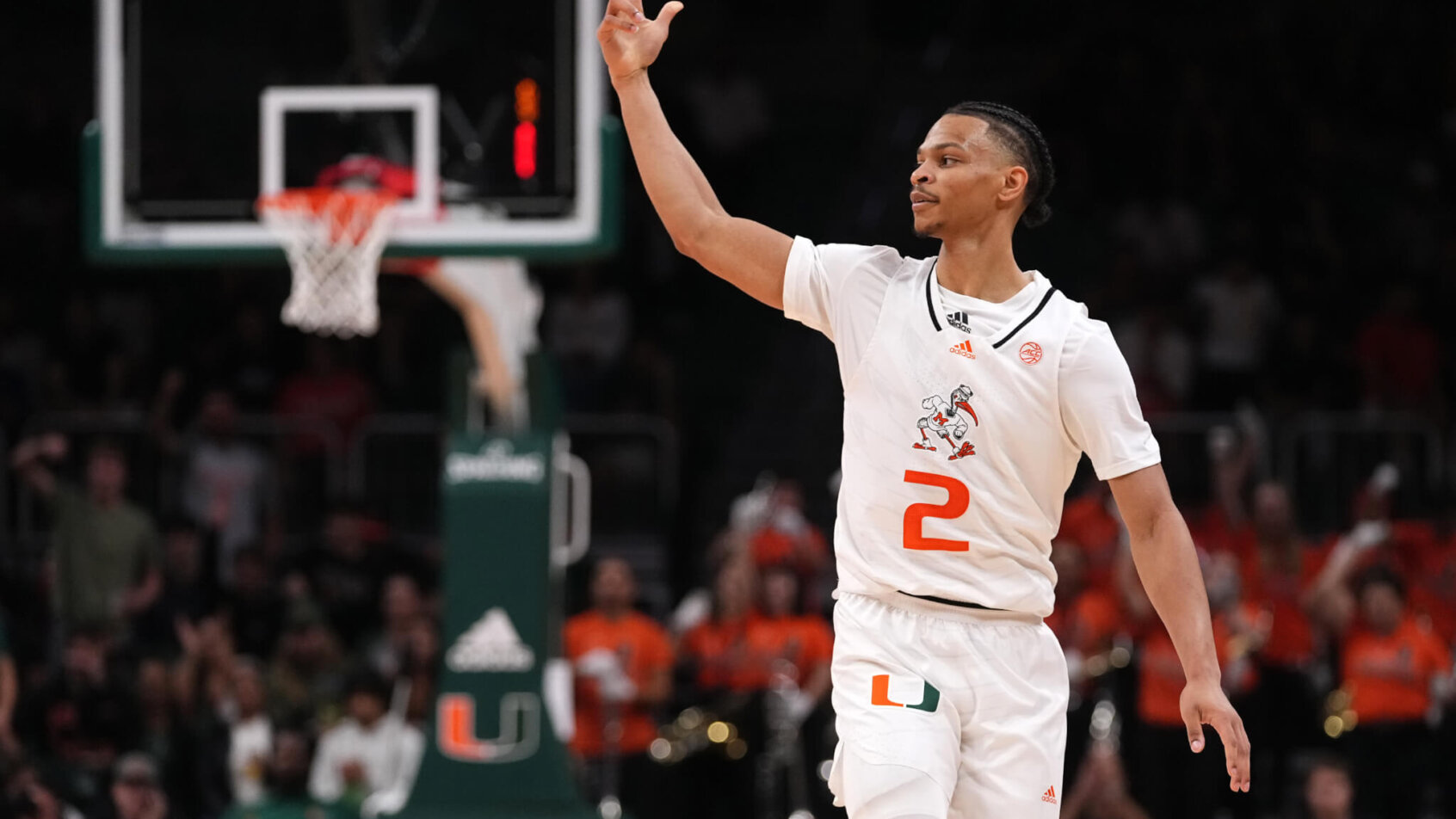 Miami Hurricanes guard Isaiah Wong gesturing