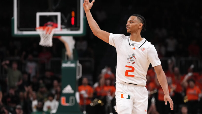 Miami Hurricanes guard Isaiah Wong gesturing