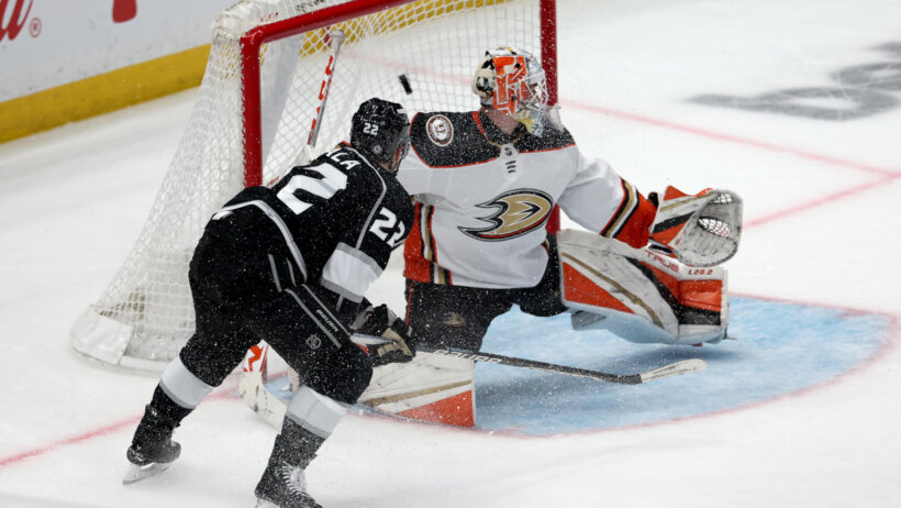 Los Angeles Kings left wing Kevin Fiala (22) scores a goal against Anaheim Ducks goaltender Lukas Dostal