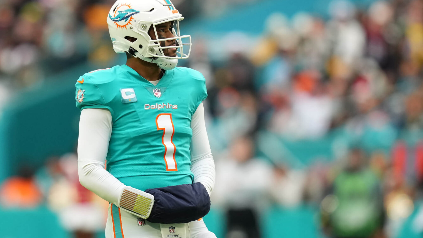 Dolphins QB Tua Tagovailoa staring off into space