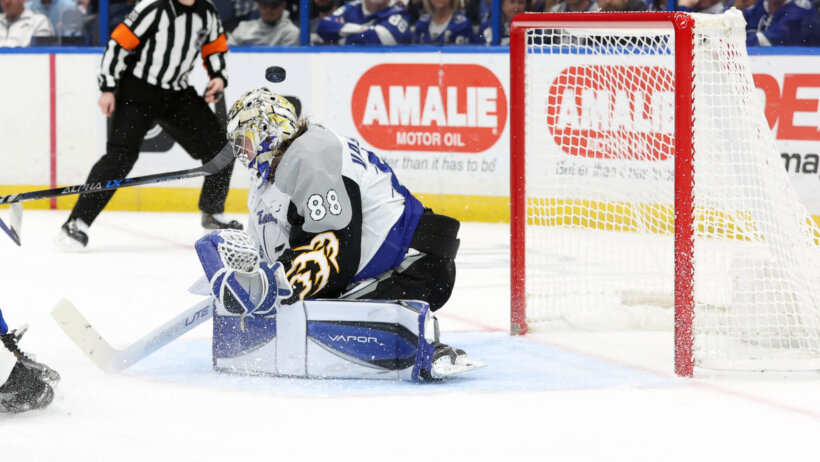 Tampa Bay Lightning goaltender Andrei Vasilevskiy makes a save