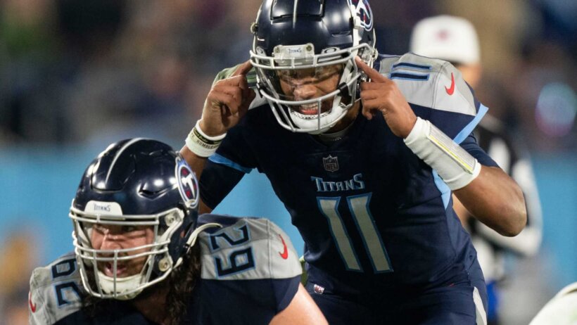 Tennessee Titans quarterback Joshua Dobbs (11) calls a play