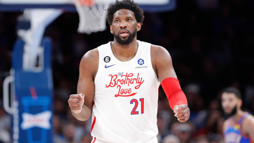 Joel Embiid celebrates a bucket.