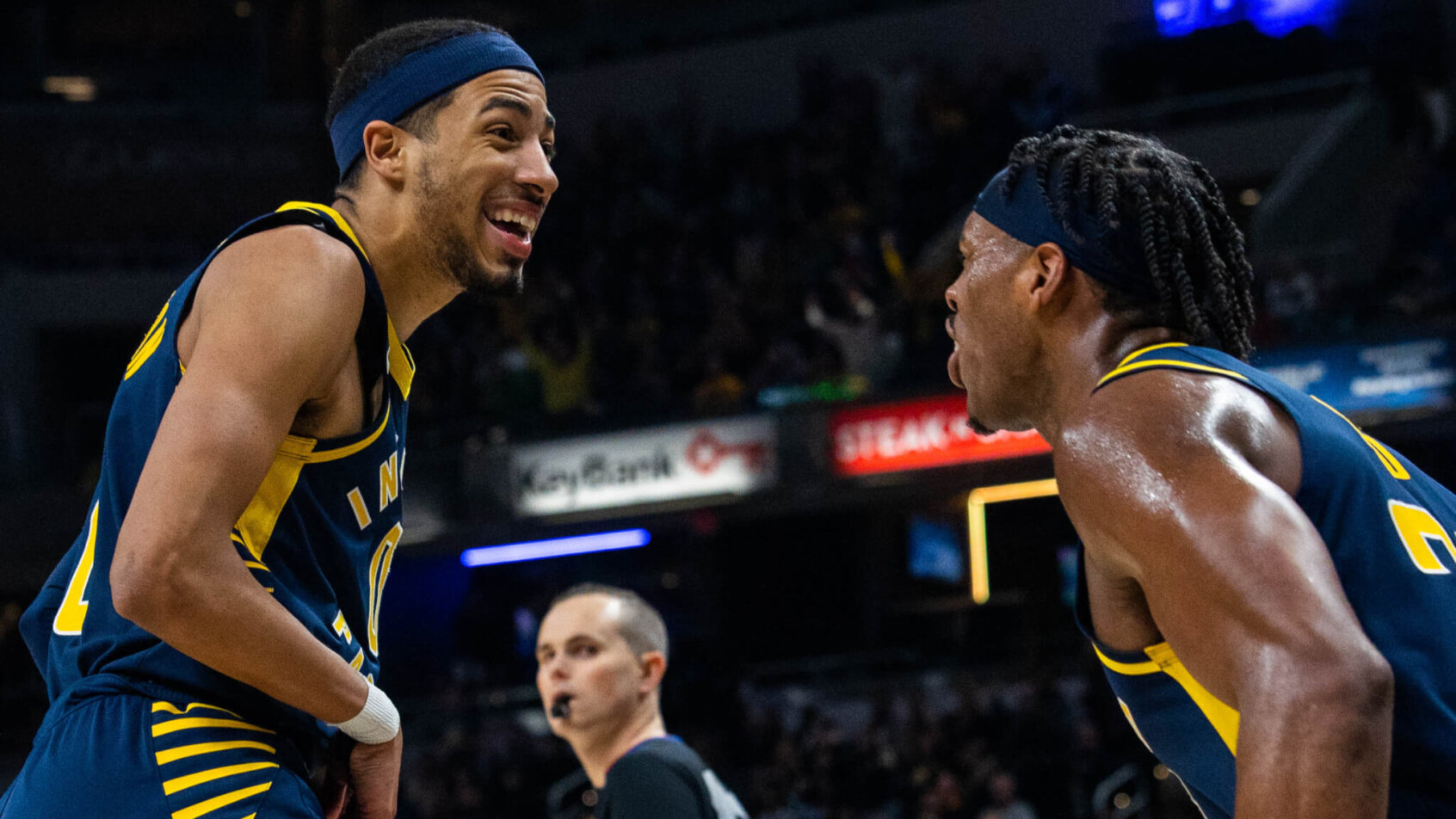 Tyrese Haliburton and Buddy Hield celebration