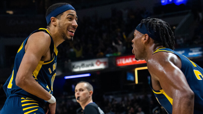 Tyrese Haliburton and Buddy Hield celebration