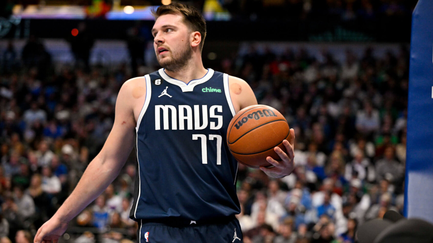 Luka Doncic prepares for an inbound pass versus Boston