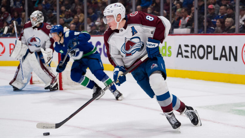 Colorado Avalanche defenseman Cale Makar skates with the puck