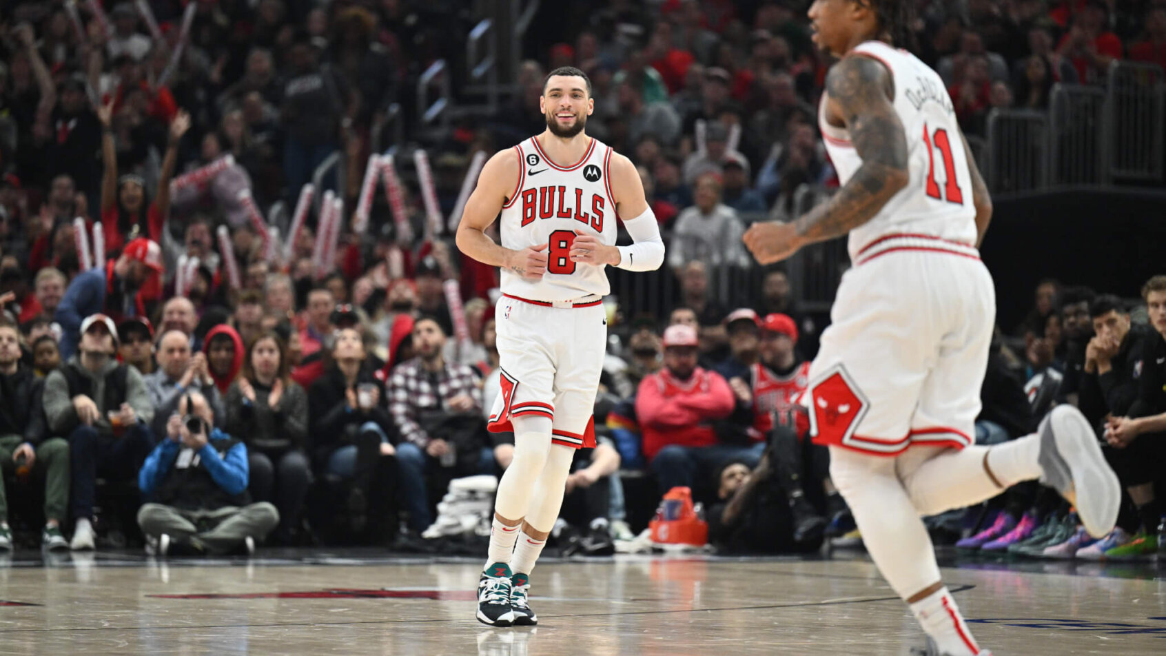 Zach Lavine smiles after a three-pointer falls.