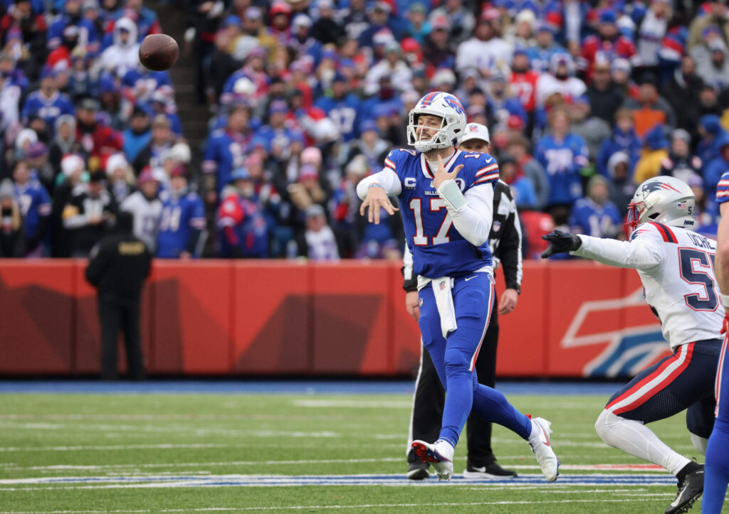 Josh Allen throws a pass. Anytime TD scorer prop bets.