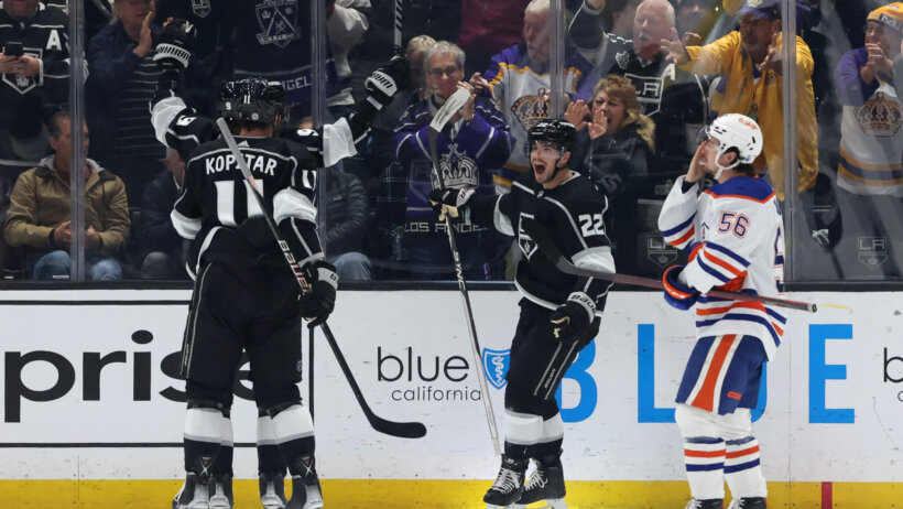 Los Angeles Kings left wing Kevin Fiala celebrates with right wing Adrian Kempe