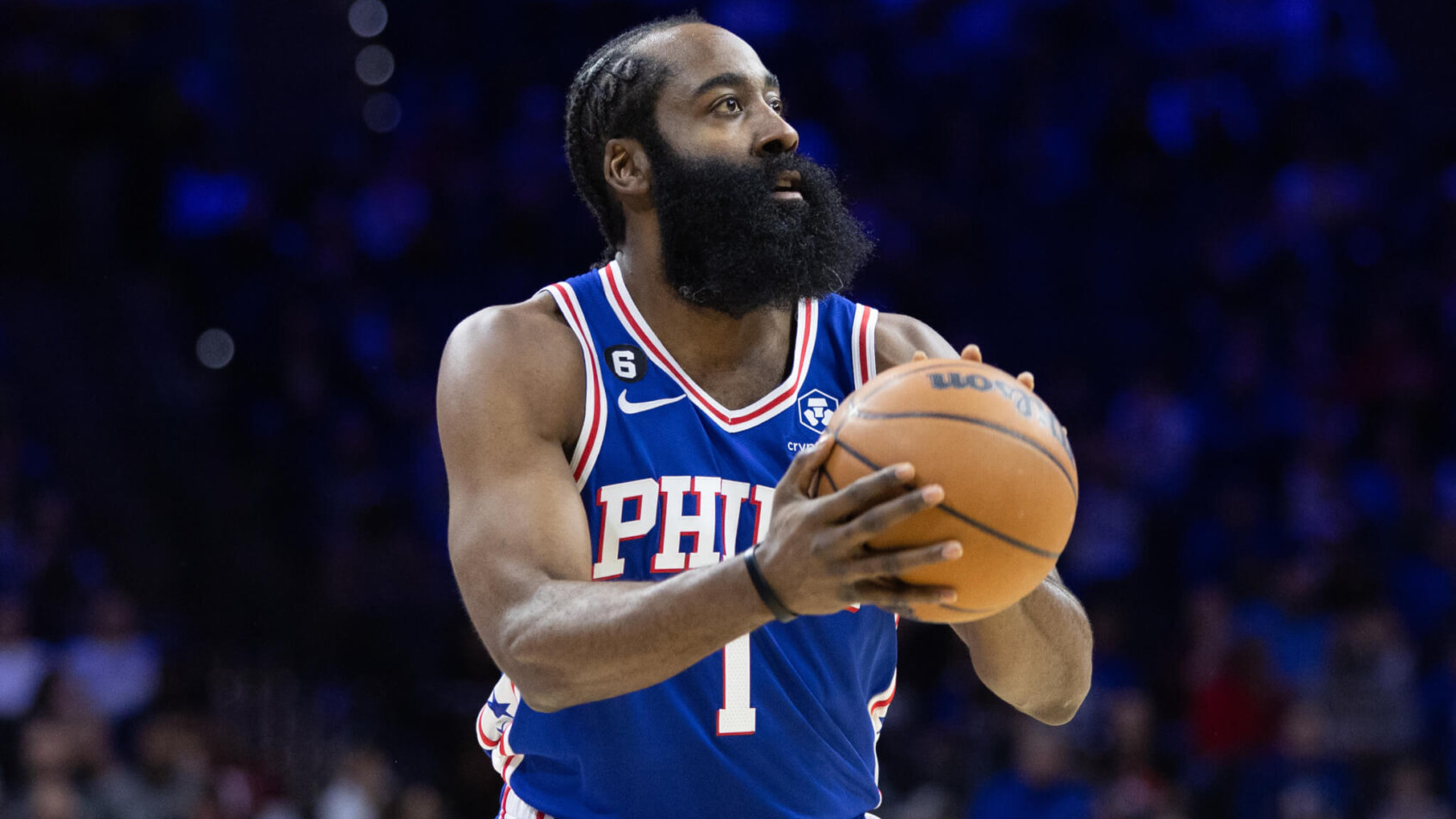 Philadelphia 76ers James Harden lining up a shot