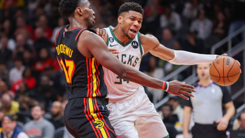 Giannis Antetokounmpo drives on Onyeka Okongwu