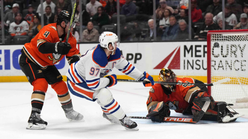 Edmonton Oilers center Connor McDavid shoots the puck against Anaheim Ducks goaltender Anthony Stolarz