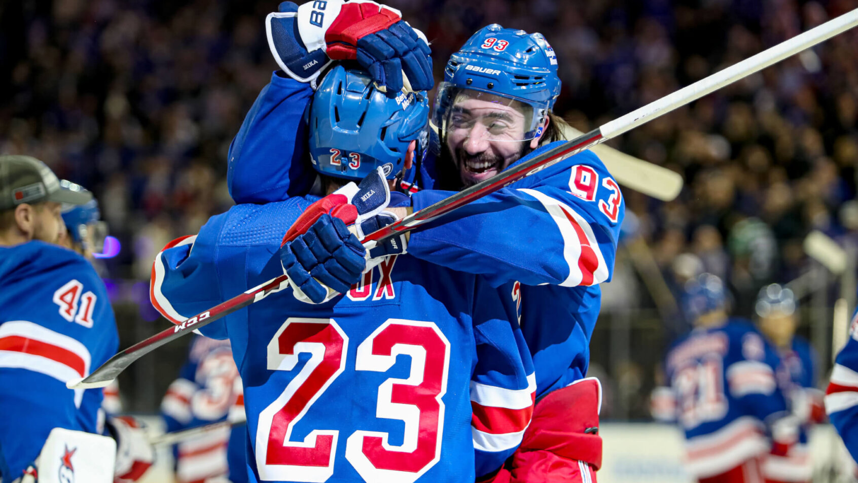New York Rangers center Mika Zibanejad celebrates a game-winning goal