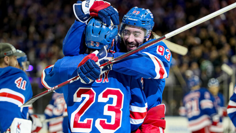 New York Rangers center Mika Zibanejad celebrates a game-winning goal