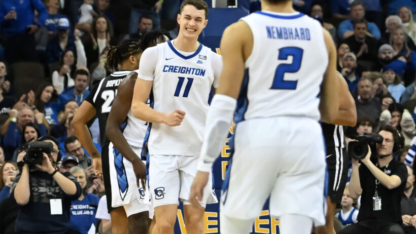 Creighton Bluejays center Ryan Kalkbrenner celebrates a bucket