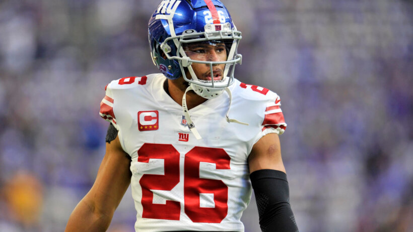 New York Giants running back Saquon Barkley looks on